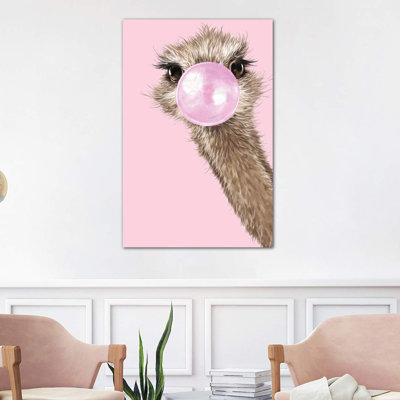 Ostrich with Bubble Gum in Pink 1 Piece Wrapped Canvas Wall Art