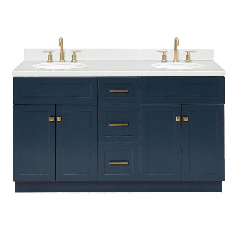 Meuble-lavabo double autoportant 60 po avec plateau en quartz Abell, Oval, Bleu minuit