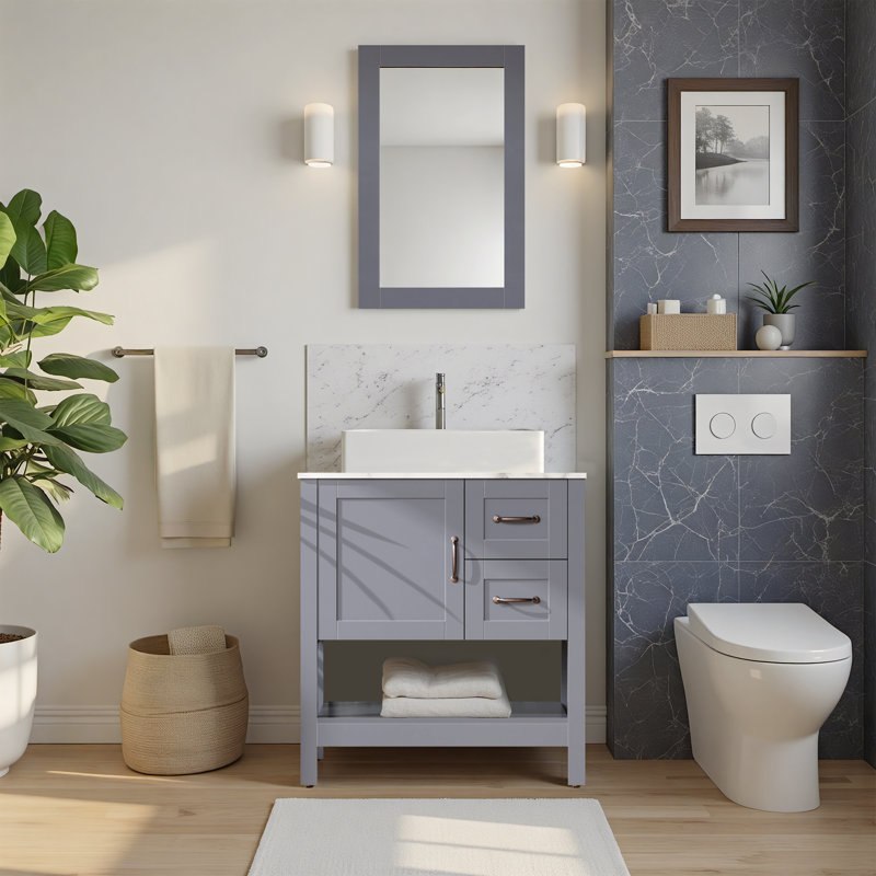 Meuble-lavabo simple 30 po avec miroir et plateau gris