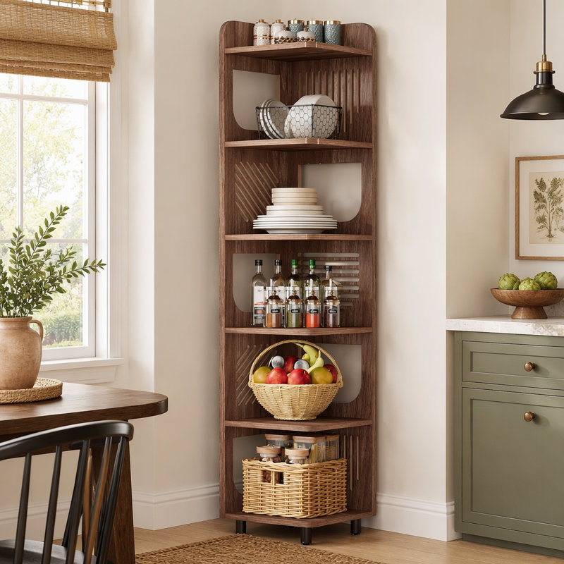 6-Tier Narrow Corner Bookshelf, 90-Degree Corner Storage Shelf for Living Room Office Bedroom