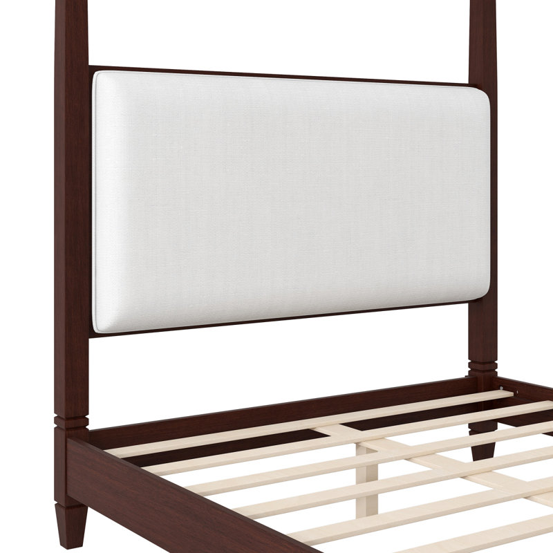 Grand lit plateforme à baldaquin avec tête de lit tapissier et pieds en lattes de bois espresso