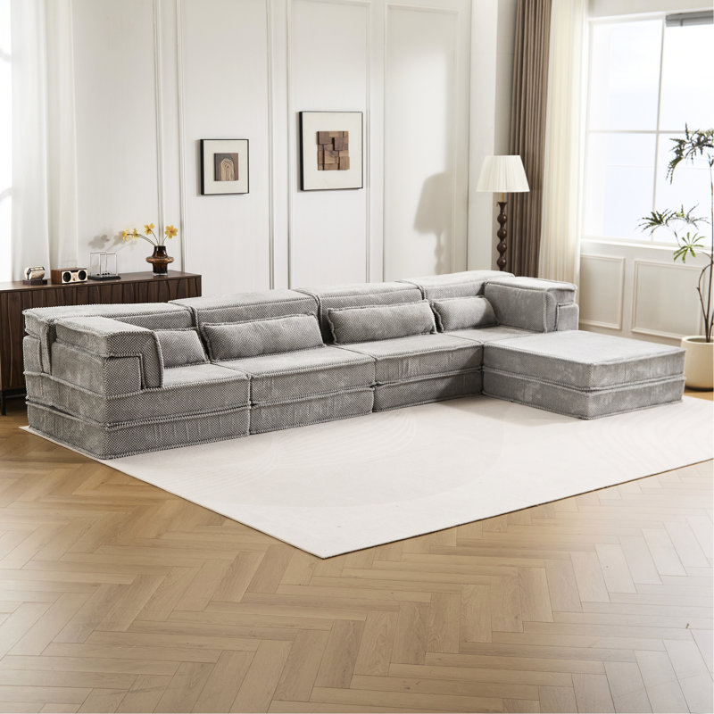 Canapé d'angle modulaire Mahjong gris, 4 places, 1 fauteuil, mousse à mémoire de forme haute densité, confortable et adapté aux animaux de compagnie, pour différentes pièces.