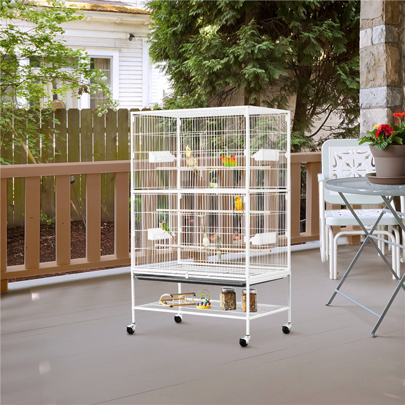 White 52'' Rolling Steel Bird Cage with Perches and Storage