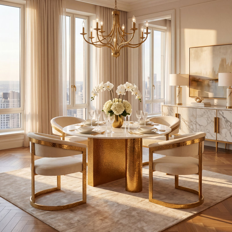 Hemlock Round Marble Top Metal Base Dining Table