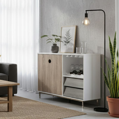 Support à vin avec armoire et 2 tiroirs, porte-verre, blanc gris 47 po