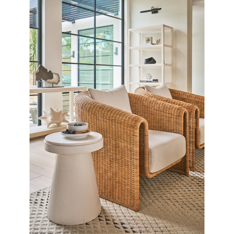 Natural Rattan Barrel Lounge Chair with White Cushions