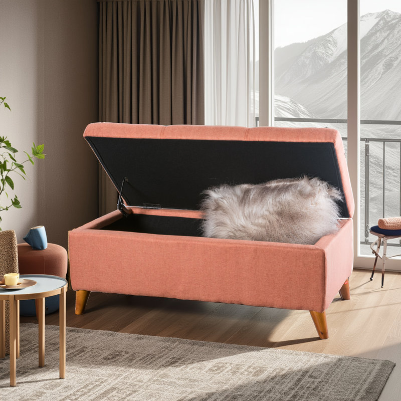 Banc repose-pieds orange capitonné avec rangement à boutons Ainsley, couvercle à charnières et pieds en bois massif pour le salon / la chambre à coucher
