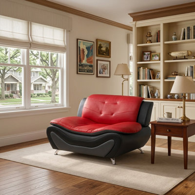 Faux Leather Single Sofa Chair, Modern Club Chair with Deep Seat & Tufted Design for Living Room and Bedroom, Red