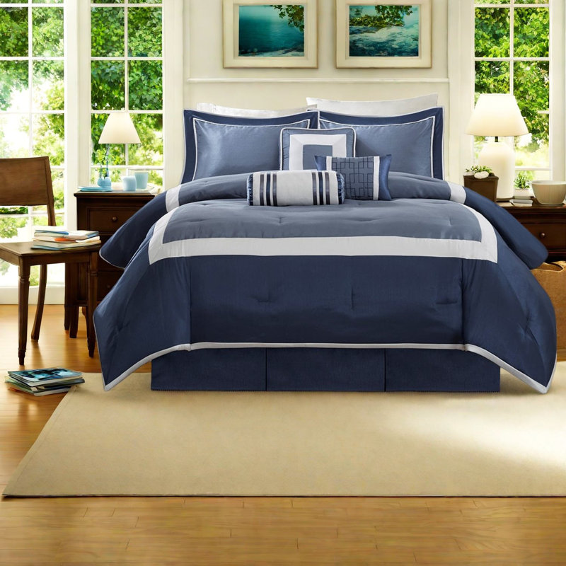 Luxurious 7-piece Navy Bedding Sets, Polyester Comfort, Modern Style For Home
