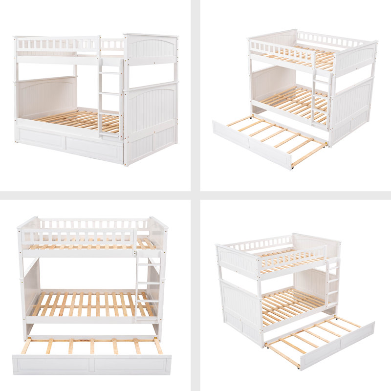 Full Over Full Bunk Bed With Twin Size Trundle, Pine Wood Bunk Bed With Guardrails, White