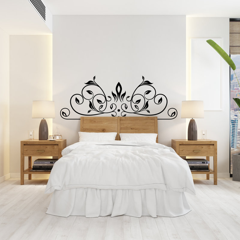 Tête de lit en vinyle autocollant mural, tourbillon orné de cadre de lit royal, autocollant de décalque de tête de lit très grand lit super simple, lit chambre à coucher 220LU