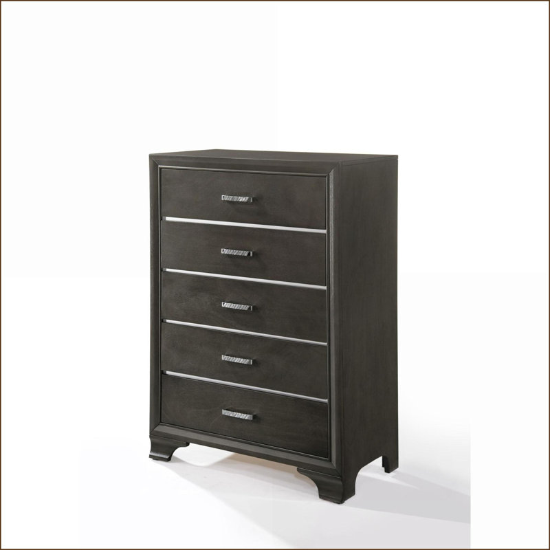 Commodes et amp; Garde-robes: commode grise classique à 5 tiroirs, bois d'hévéa massif | Gris | Bois massif