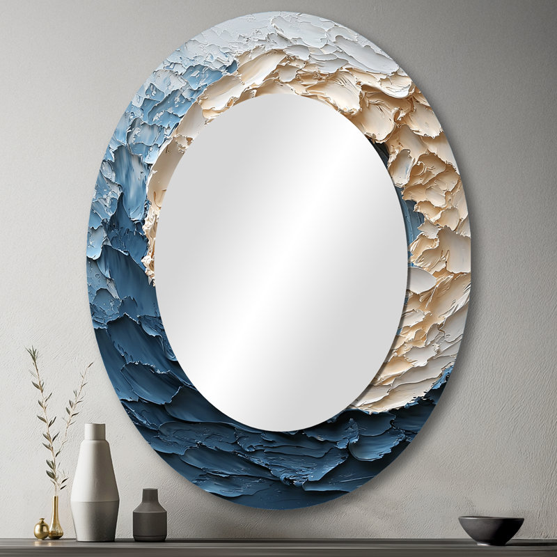White Oceanic Vortex Accented With Blue I - Large Oval Wall Mirror On Metal, 43" x 33"
