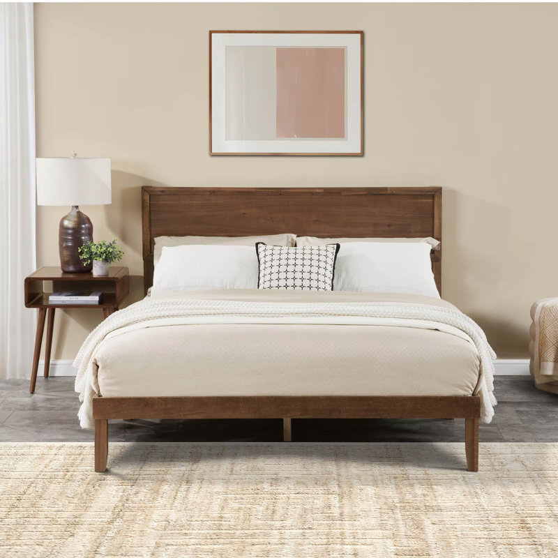 Minimalist Solid Wood Platform Bed with Tall Headboard, Sturdy Construction, Full
