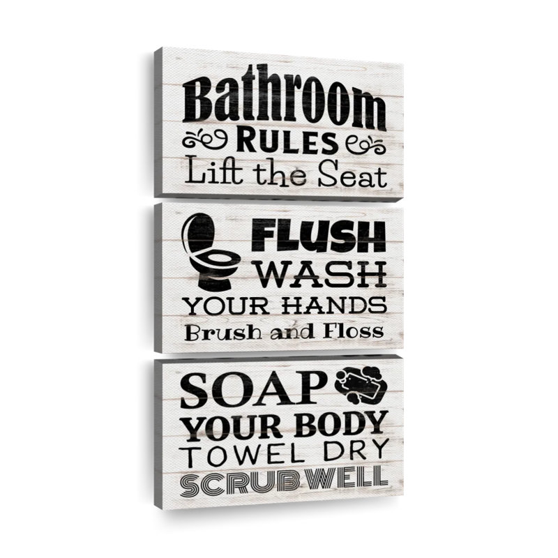 «Bathroom Humor Quotes Quick Bathroom Rules on Canvas», reproduction de 3 pièces, H 27 po x l 12 po x P 1 po