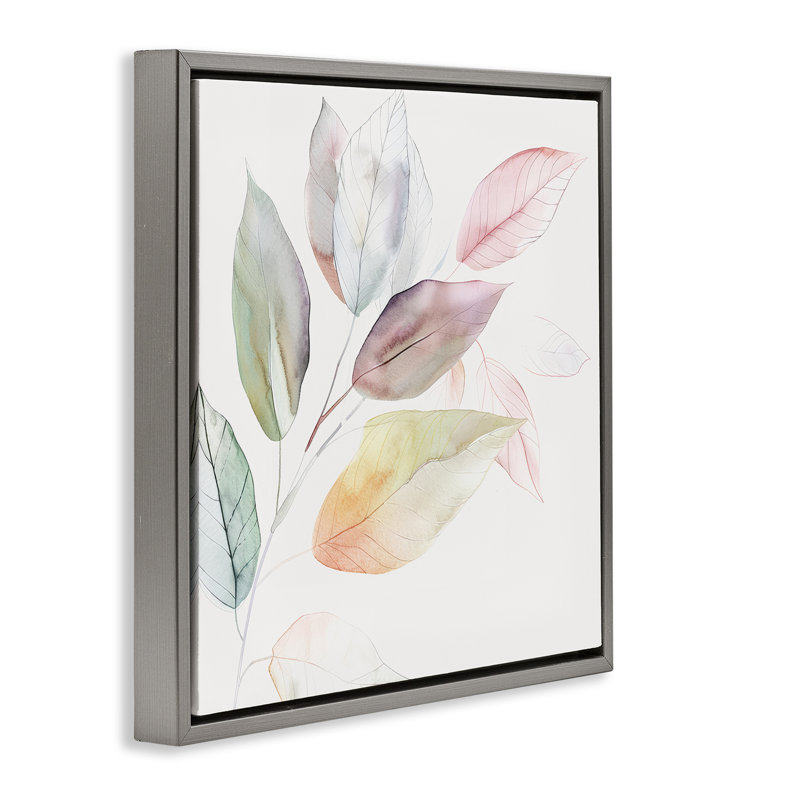 Cadre flottant clair à feuilles pastel, design par Raymond Powers, Cadre flottant gris lustré, H 18 po x l 18 po