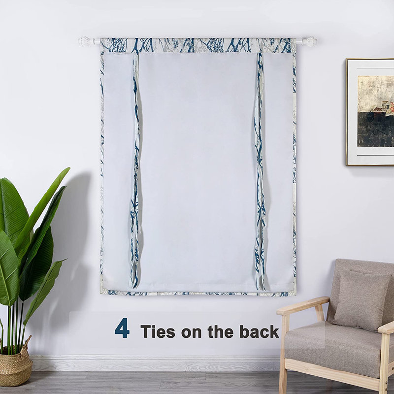 Linen Blend Toile Blackout Thermal Rod Pocket Tie Up Curtain Single Curtain Panel, Blue