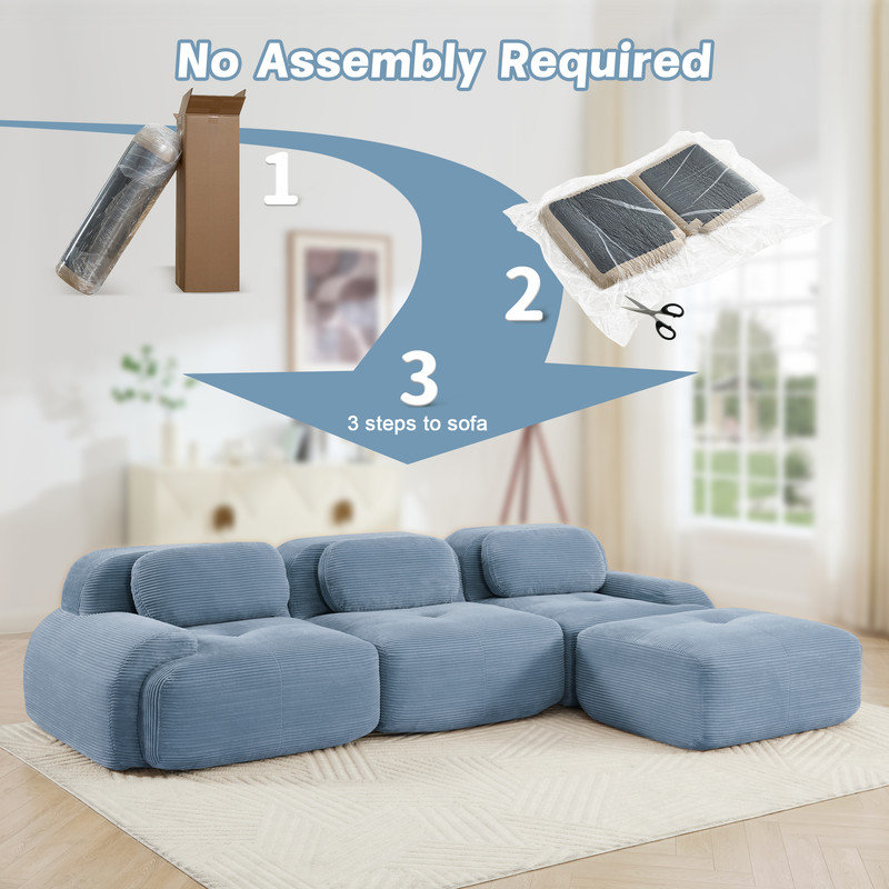 Modular Boneless L-Shaped Sectional Cloud Couch With Ottoman, Plush Corduroy, No Assembly Required, Big Comfy Couches Set With Fluffy Memory Foam