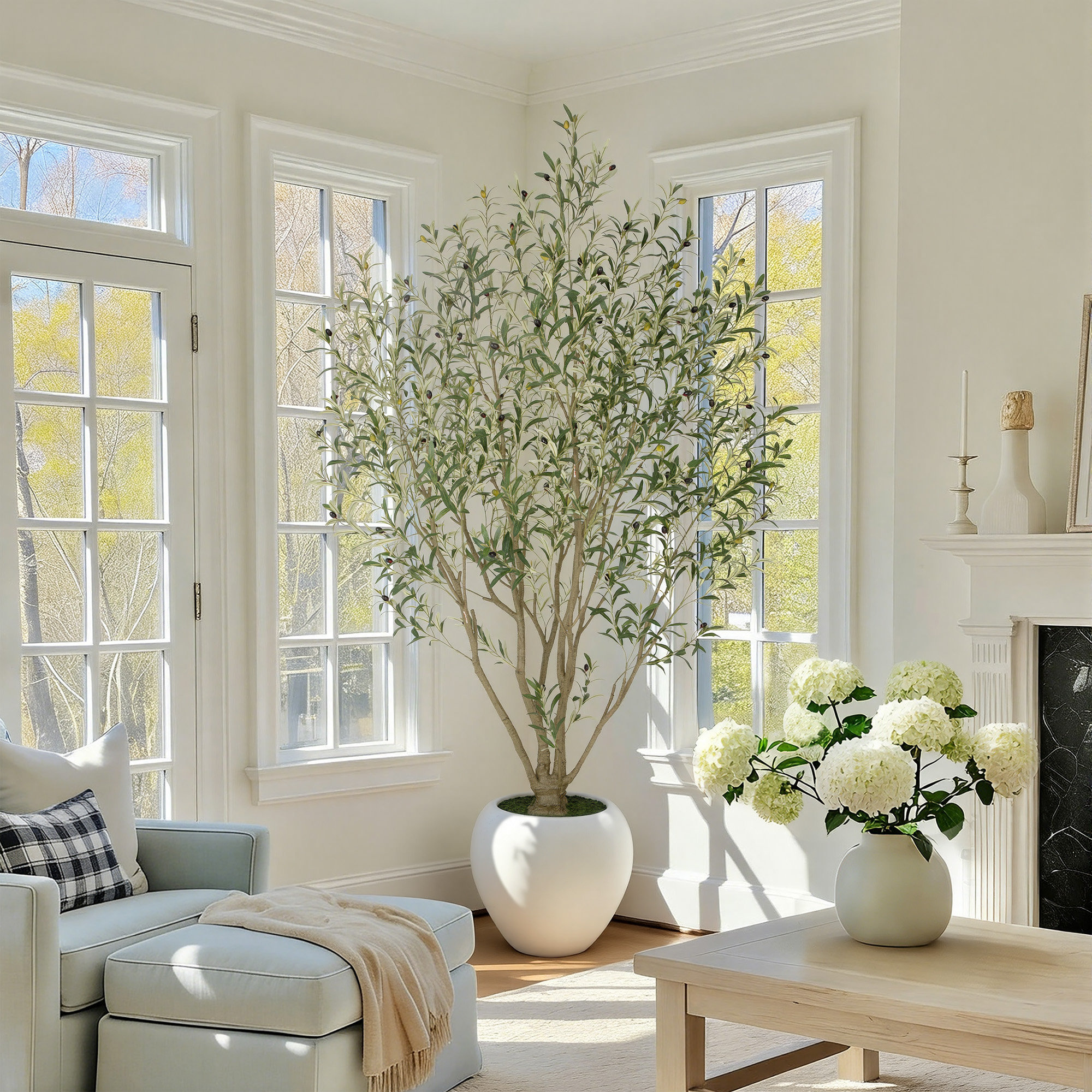 Primrue 5/6/7/8/9ft Grand Artificial Olive Tree in White Planter ...