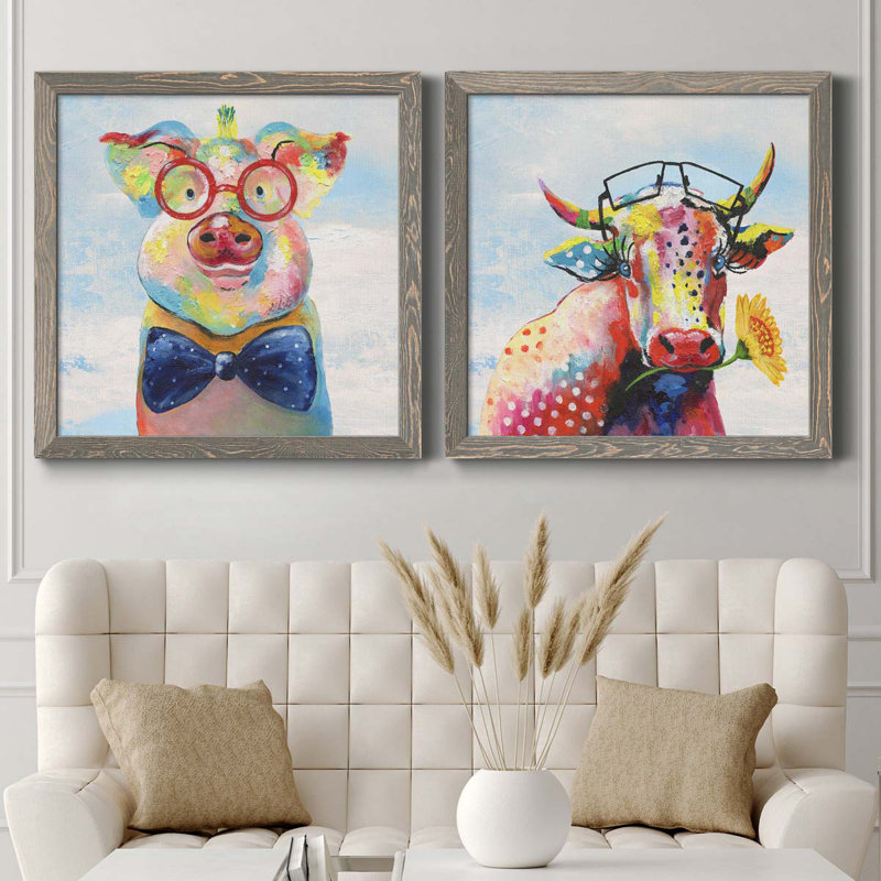 «Groovy Pig And Sky», ensemble de 2 peintures sur toile encadrées, Encadré gris, H 31,5 po x l 63 po x P 1,5 po