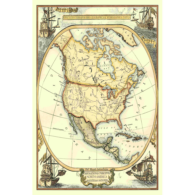 Carte nautique de l'Amérique du Nord, H 18 po x l 12 po x P 1,25 po
