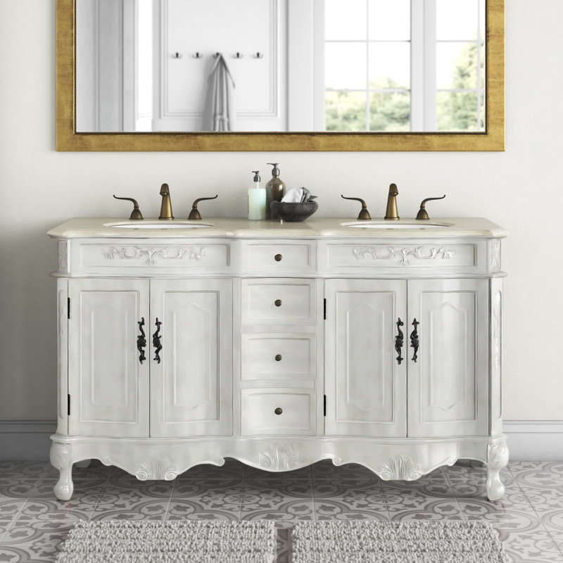 60'' Double Bathroom Vanity with Marble Top, Antique White