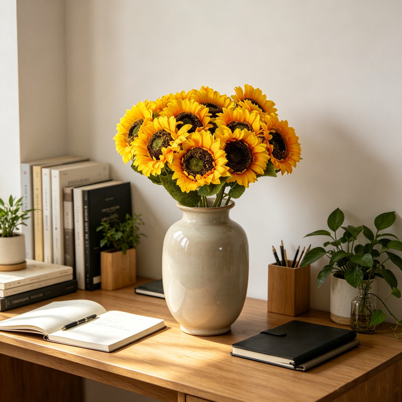 Ensemble de 10 tiges de tournesol artificielles, fleurs artificielles de 20 po pour décoration de vase