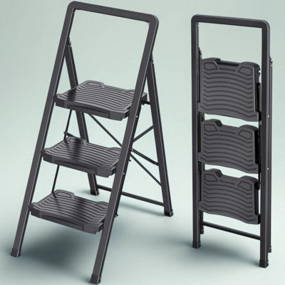 Heavy Duty 3 Step Ladder With Safety Handrail, 800Lb Capacity Folding Step Stool, Wide Anti-Slip Pedal, Lightweight Steel Ladder For Home Kitchen Office Storage
