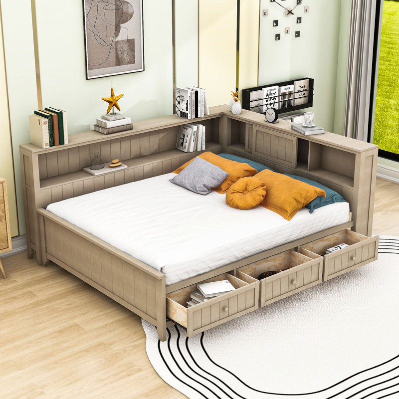 3 Drawers Wood Daybed with Shelves, Full