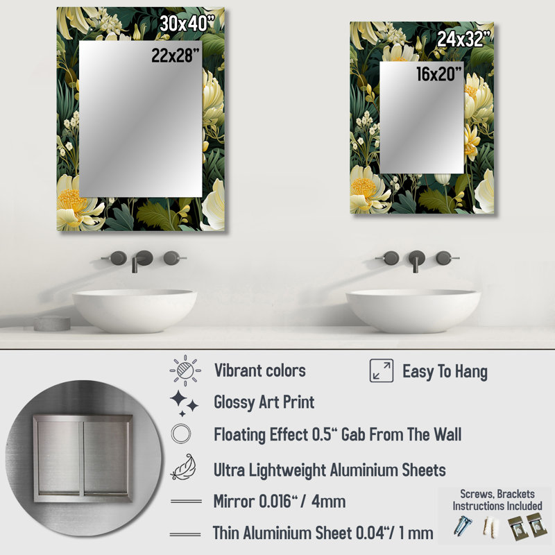 Ayslin Botanical Green and Yellow Poppies Garden - miroir floral, miroir mural décoratif floral, impression d'art en métal