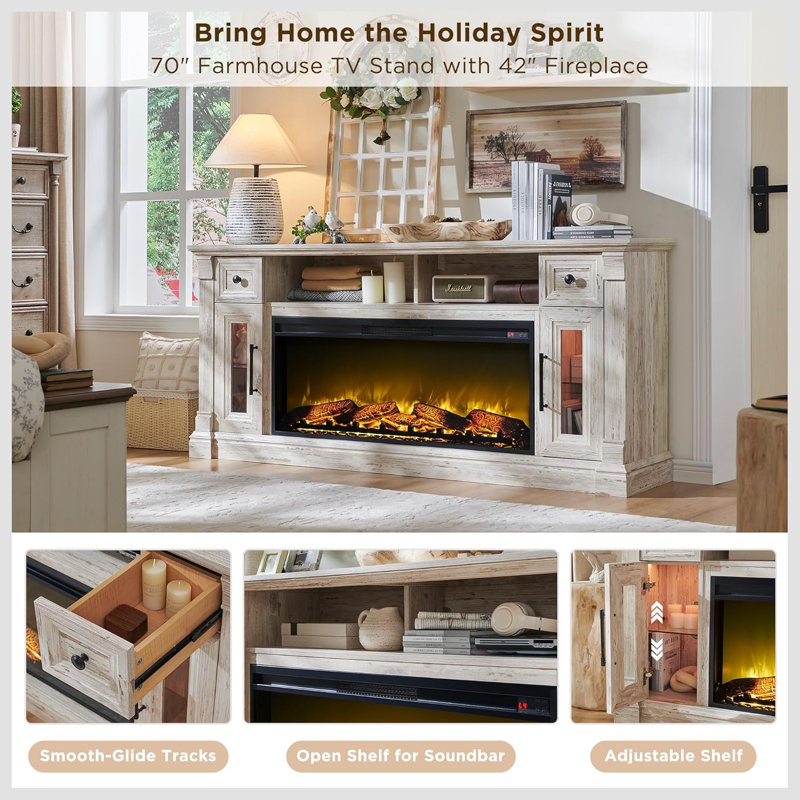 Diamandi Wood TV Stand with Fireplace, Antique Brush White
