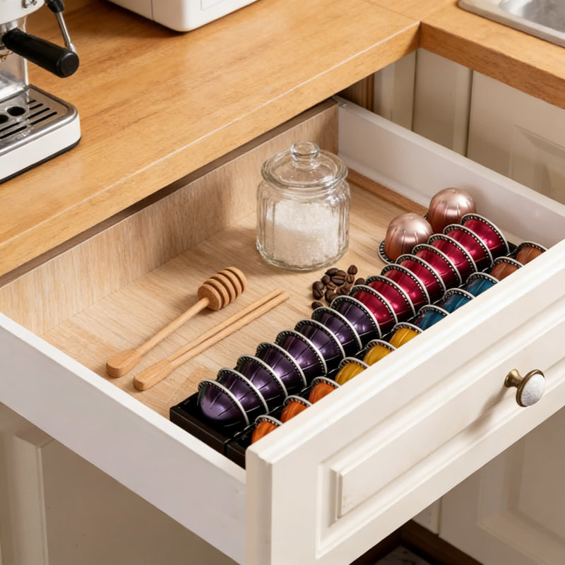 Organisateur de tiroirs Flagship Vertuo avec système de connexion magnétique, support de capsule en métal universel pour machines Nespresso Vertuoline, solution de rangement de comptoir peu encombrante