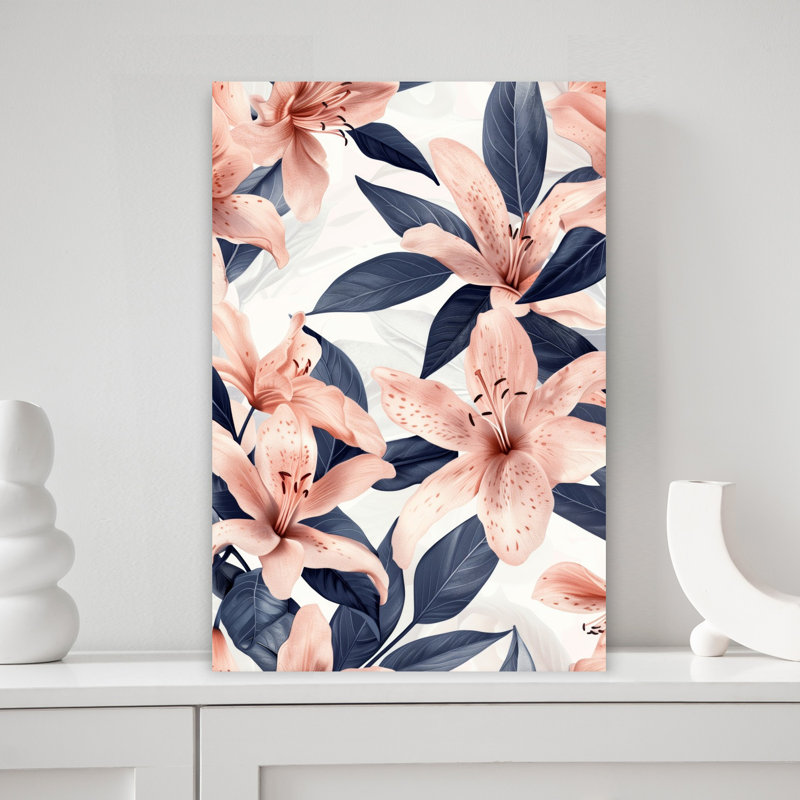 «Elegant Peach Lilies», art mural moderne et abstrait avec fleur de lys, H 18 po x l 12 po