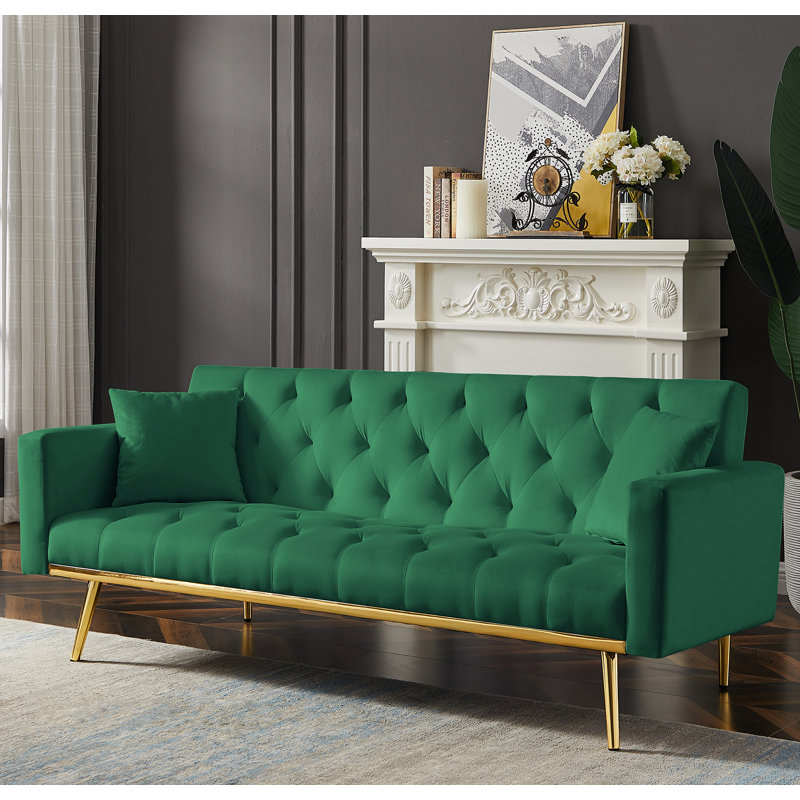 Twin 73.2'' Wide Tufted Back Convertible Sofa, Green Velvet