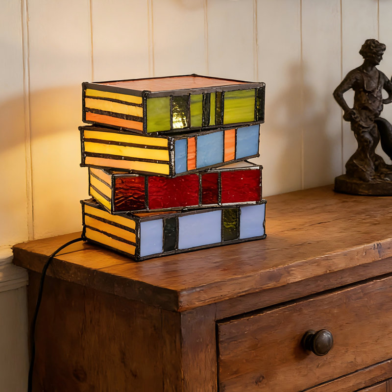 6.7" Tiffany Style Stacked Books Stained Glass Table Lamp (Bulb Included) For Bedroom Nightstand Living Room Study Library