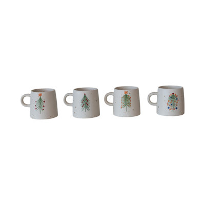 Hand-Painted Speckled Stoneware Mugs with Christmas Tree