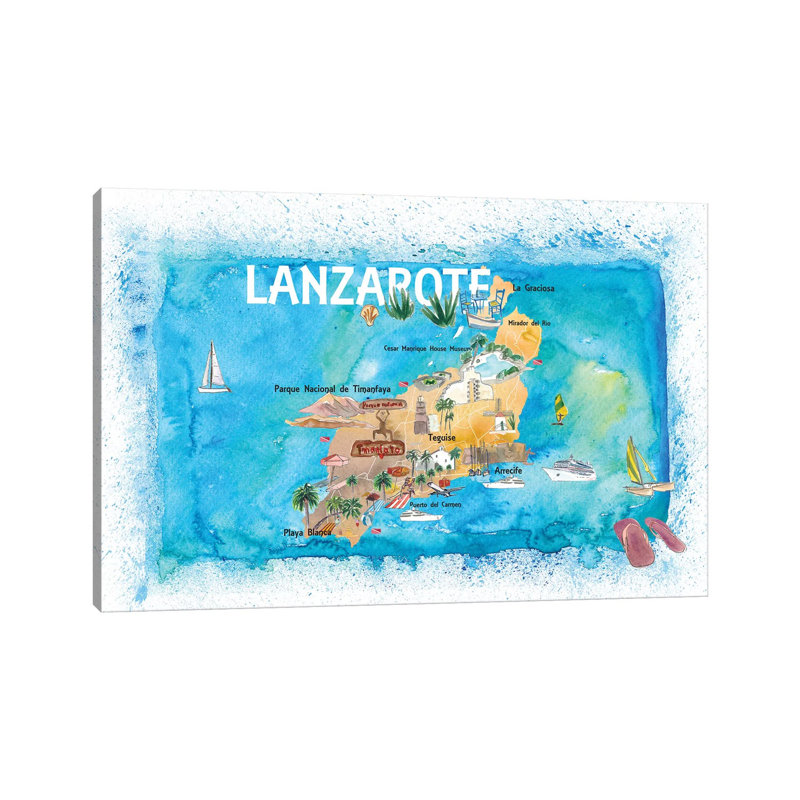 Lanzarote Canarias Spain Illustrated Map With Landmarks And Highlights by Markus & Martina Bleichner - Wrapped Canvas Print