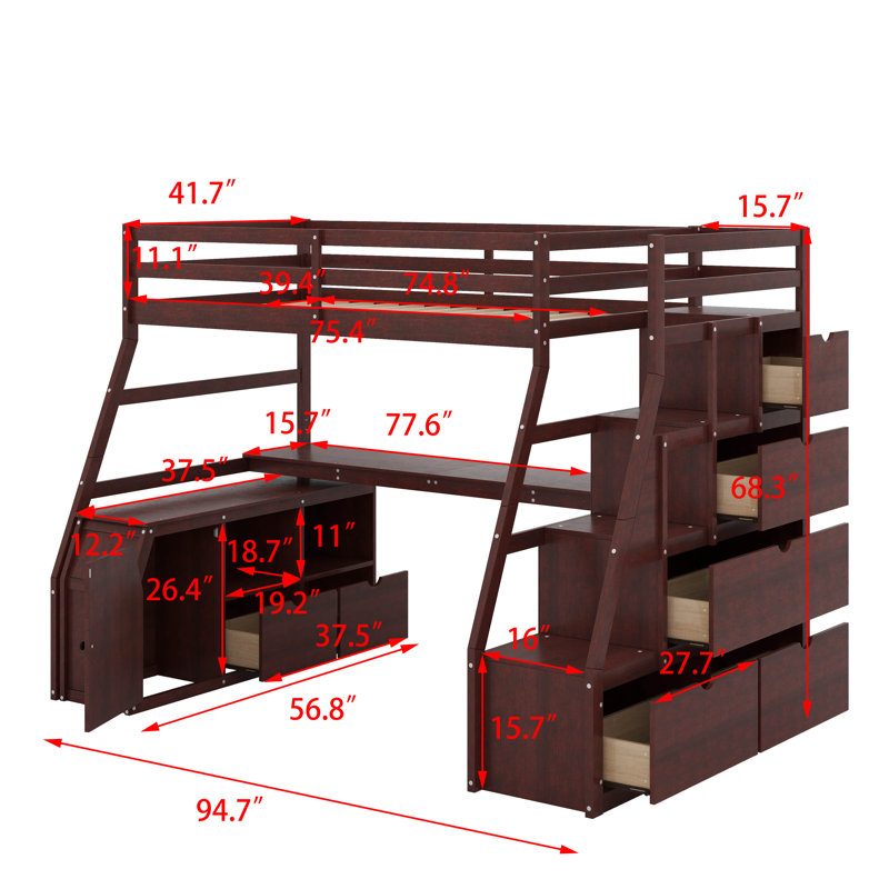 Lit mezzanine simple avec tiroirs, tablettes et bureau, Espresso