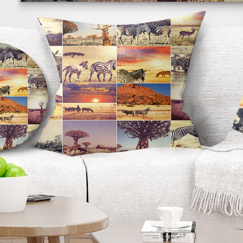 Oreiller de paysage sauvage et de collage naturel africain, 18 po x 18 po, Coussin décoratif