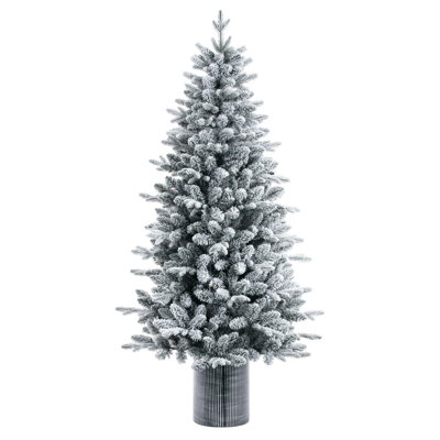  6' x 39" Frosted Potted Spruce Artificial Full Unlit Christmas Tree with 811 Realistic PE/PVC Tips and Folding Metal Tree Stand. Assembly is required.