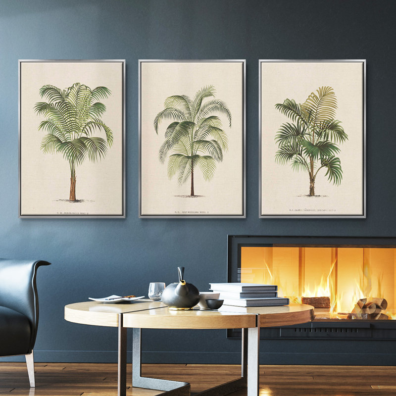 Les Palmiers II - Ensemble de 3 reproductions encadrées sur toile, Argent, H 27 po x l 54 po x P 2 po