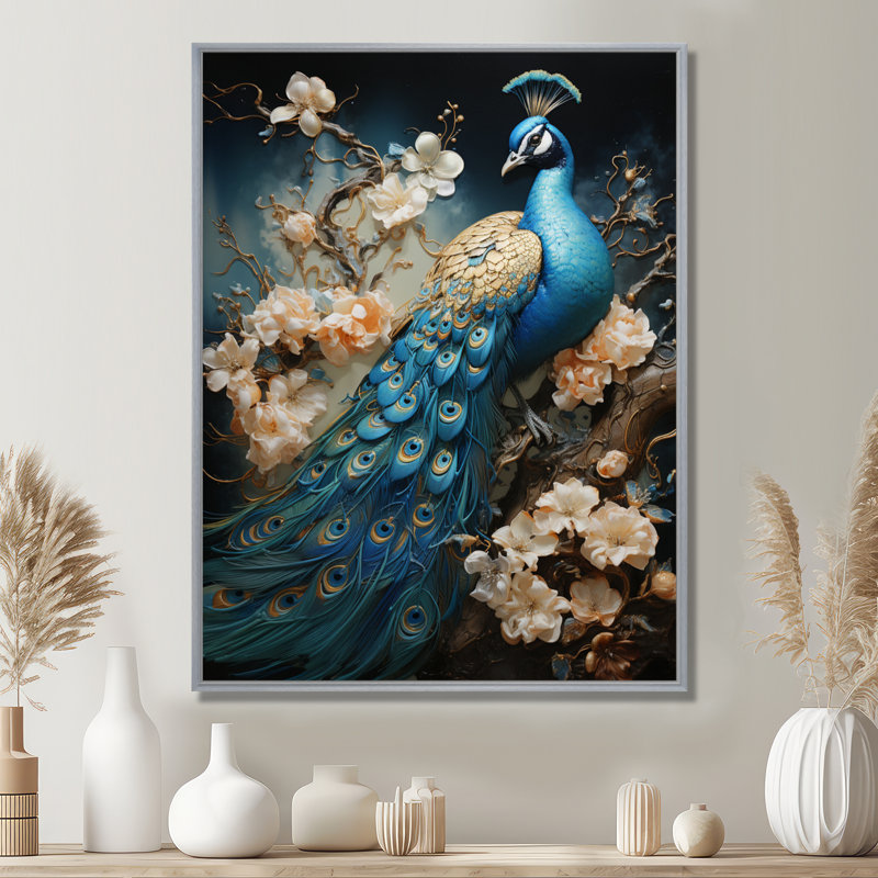 Ysaline Peacock Encaustic Portrait I - paon, art mural sur toile, H 32 po x l 24 po, Encadrement argenté