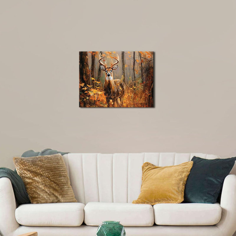 Deer Pictures Wall Decor Fall Forest Wall Art Autumn Orange Forest Landscape Canvas Prints Wildlife Animal Poster Nature Woodland Elk Painting Artwork for Bedroom Living Room Home Decoration 12x16"
