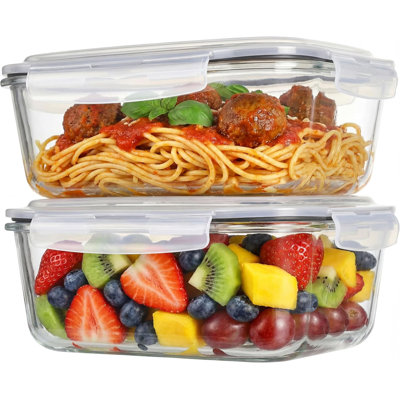 2-Pack 63oz Large Borosilicate Glass Food Storage Containers with Hinged Leak-Proof Lids