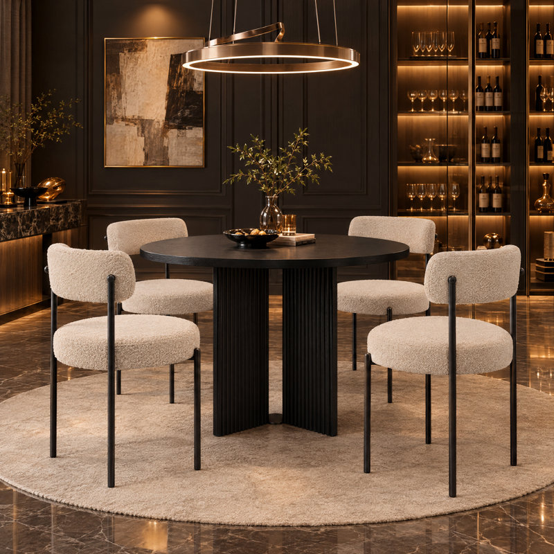 5-Piece Modern Round Dining Table Set With 4 Boucle Upholstered Chairs, Black, Beige