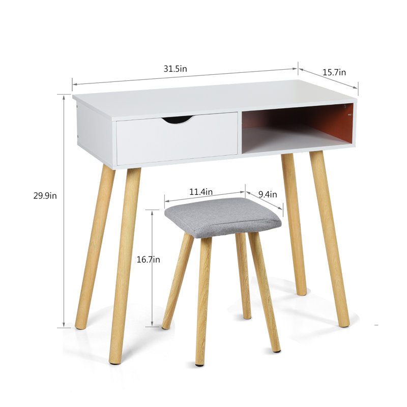 Ensemble coiffeuse en bois massif avec tabouret, Blanc élégant