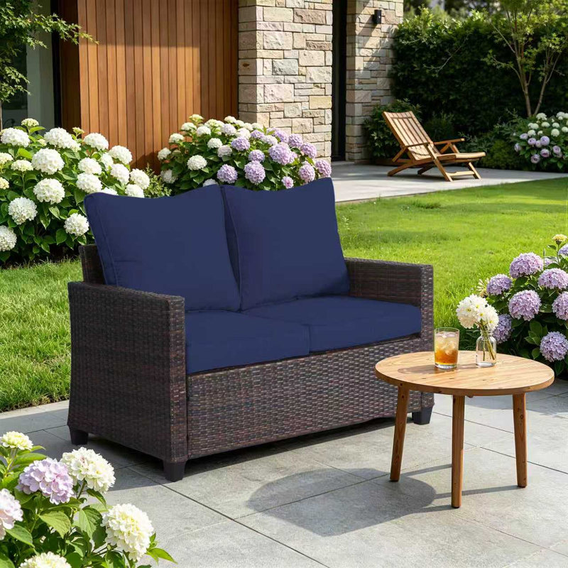  Causeuse d'extérieur en rotin, canapé de patio en osier avec coussins, Bleu