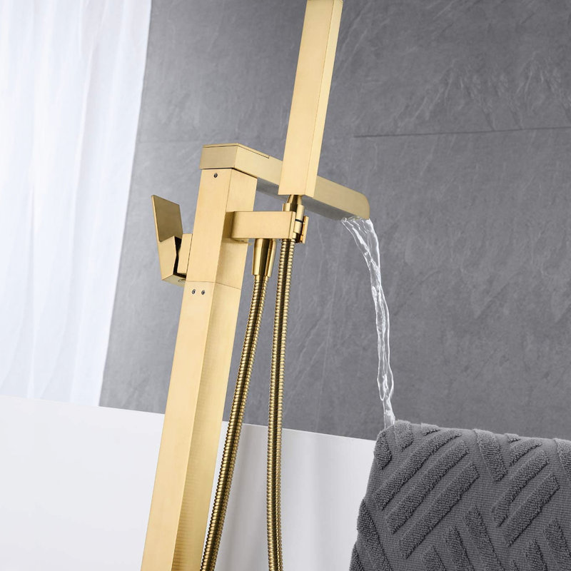 Elegant Bathroom Tub Filler - Floor Mount, Brushed Gold Waterfall Spout With Functional Handheld Shower For Relaxing Bath Mount Design And Hand Convenience