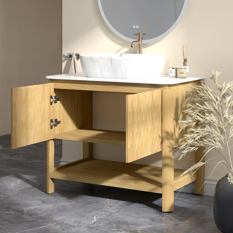 Freestanding Plywood Bathroom Vanity With Sintered Stone Top, Bamboo Texture Doors&Open Shelf, 36" W