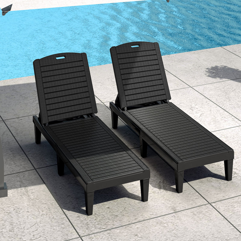 Chaise longue d'extérieur en résine (ensemble de 2), Noir, noir, noir, noir